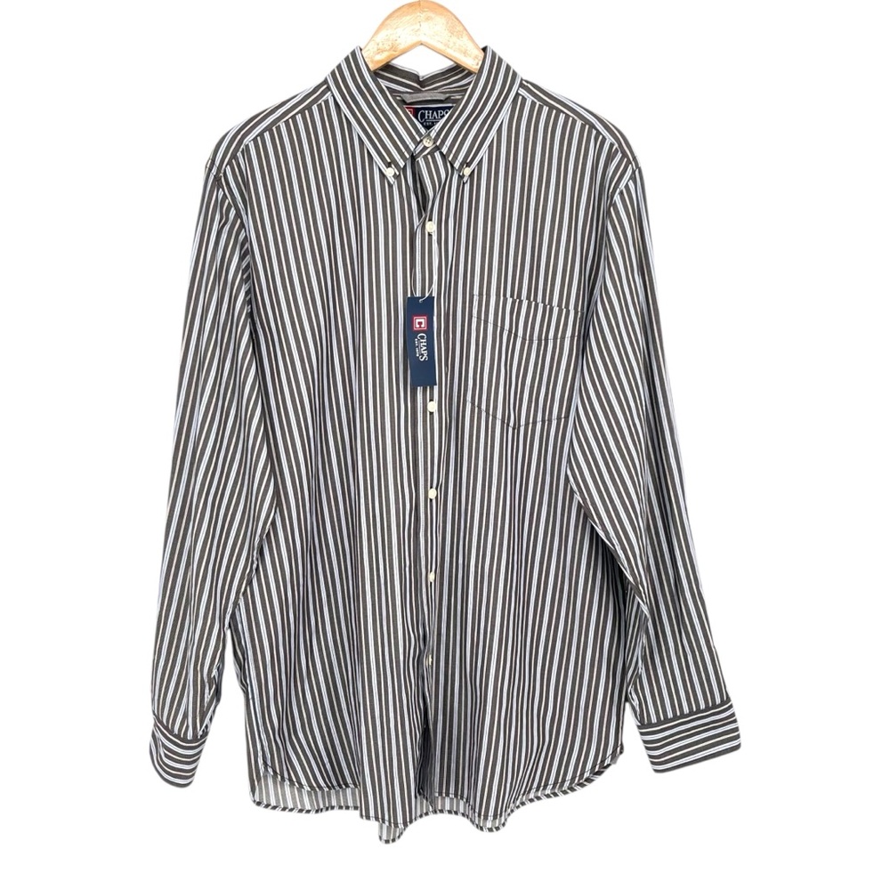 New CHAPS Button-Down Mens Large 100% Cotton Long Sleeve Grey Blue White Stripes
